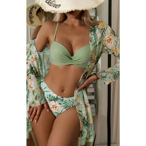 Women's Floral green Plant Print Push Up 3 piece Bikini Swimsuit & Kimon…